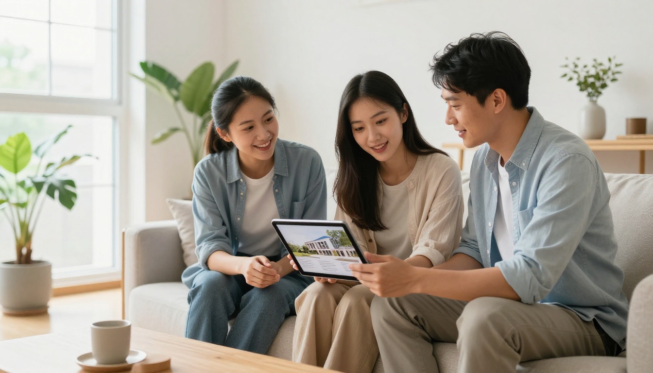 Real estate agent showing a digital property brochure on tablet to clients