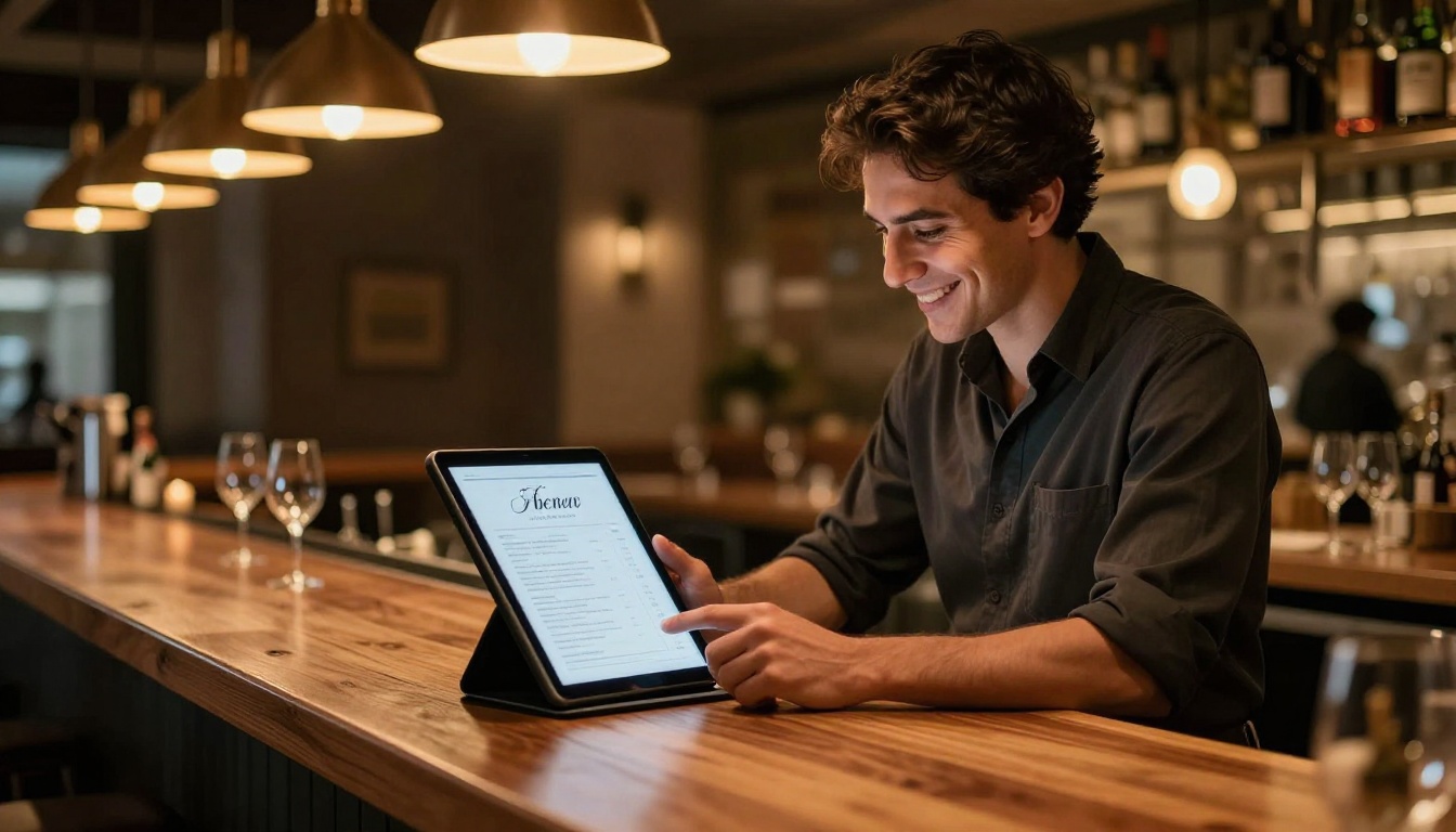 Restaurant owner reviewing a digital menu on a tablet before service
