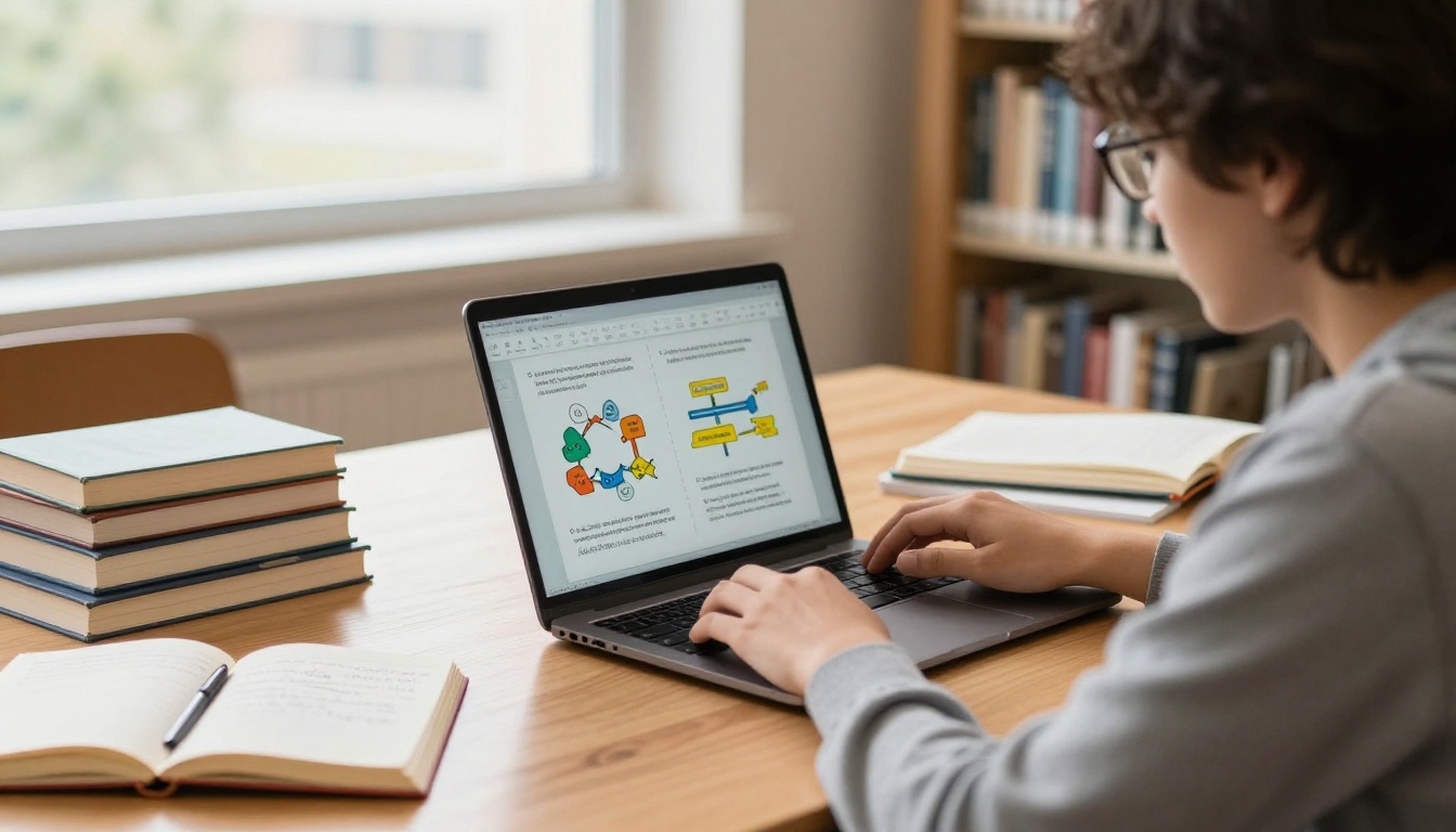 Student studying educational flipbook content on a laptop in a library