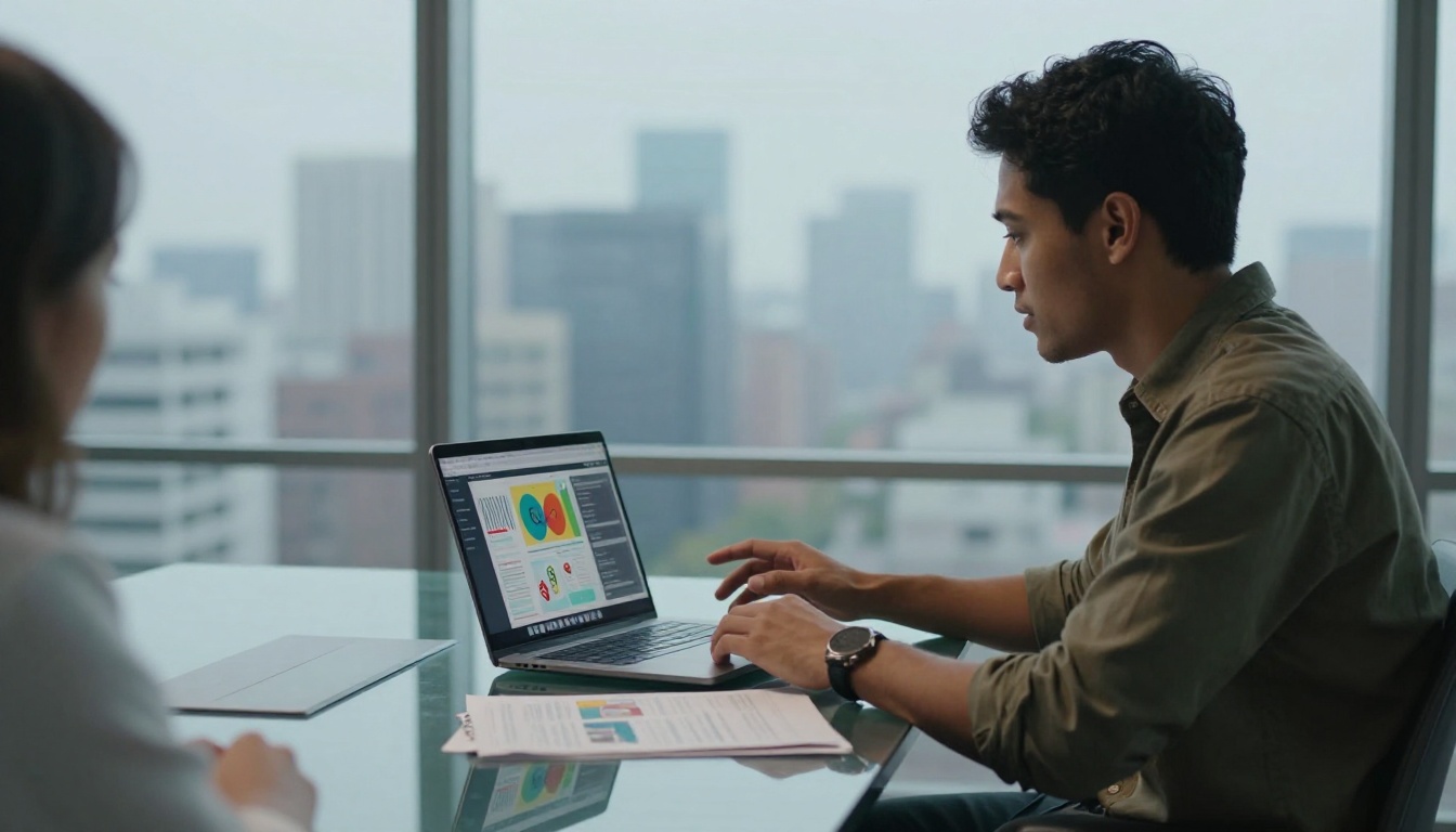 Freelance graphic designer presenting portfolio to clients in modern office