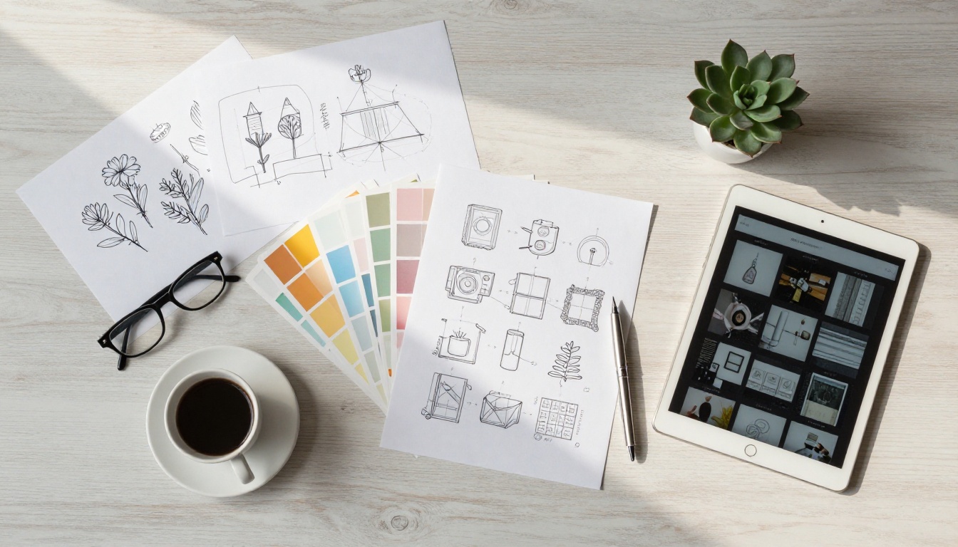 Overhead flat lay of creative workspace with portfolio materials and tablet