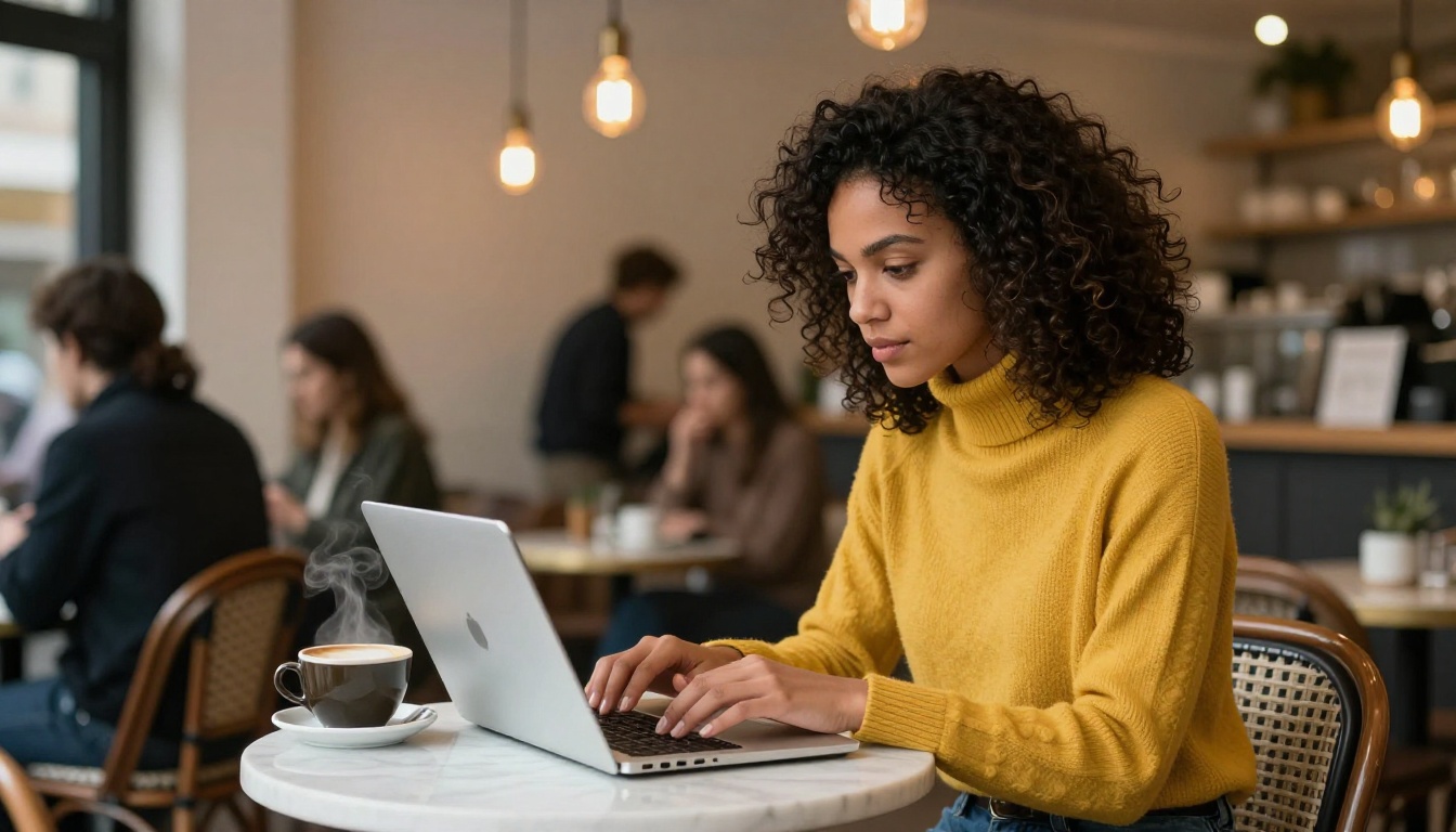 Freelance writer working on portfolio at cozy coffee shop