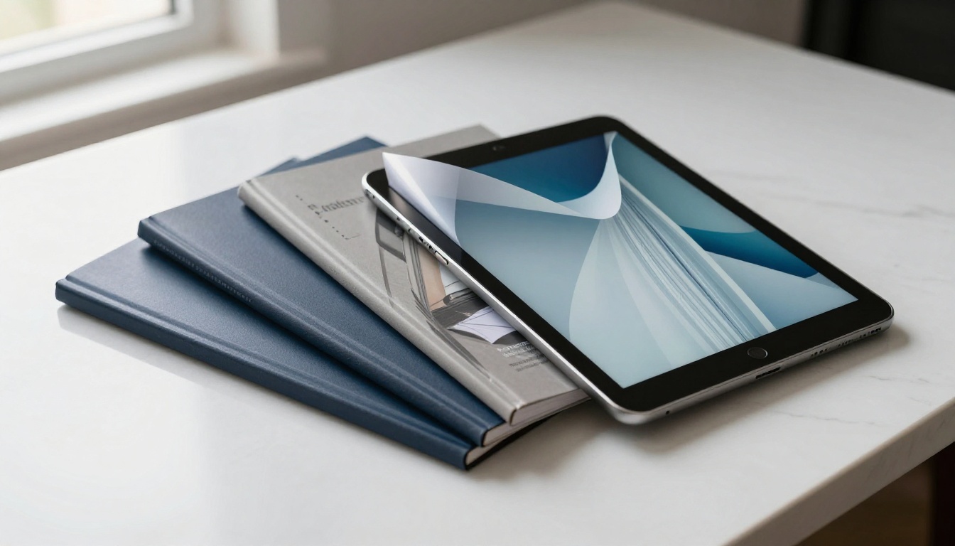 Stack of printed portfolios beside digital flipbook version displayed on tablet