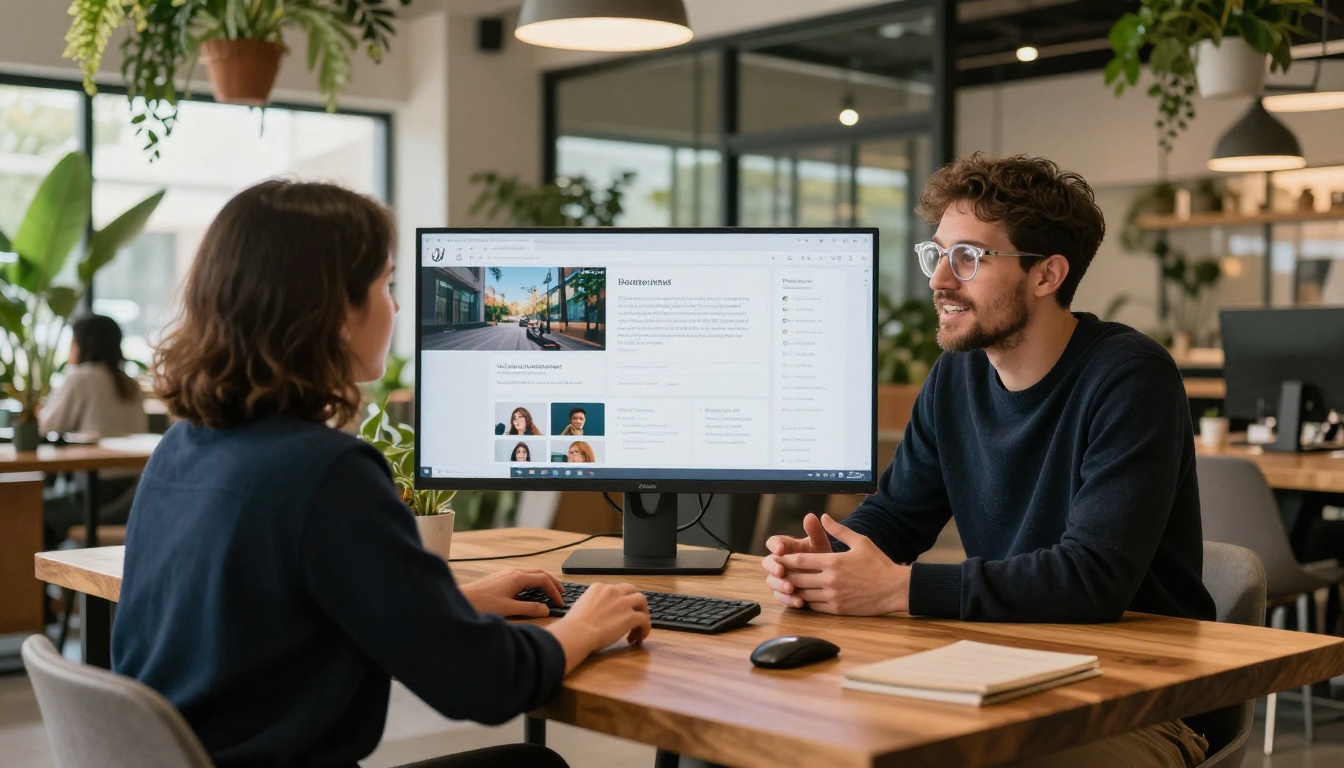 UX designer presenting interactive portfolio on monitor to client at co-working space