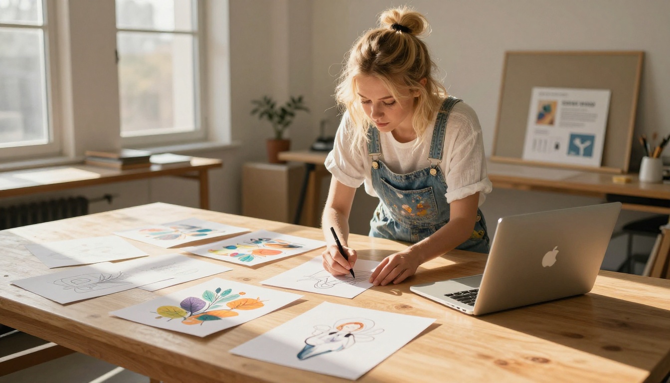 Young illustrator organizing artwork portfolio at bright studio drafting table