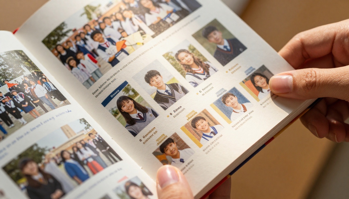 Close-up of hands turning the pages of an open yearbook with student portrait grids on the page Close-up of hands turning the pages of an open yearbook with student portrait grids on the page