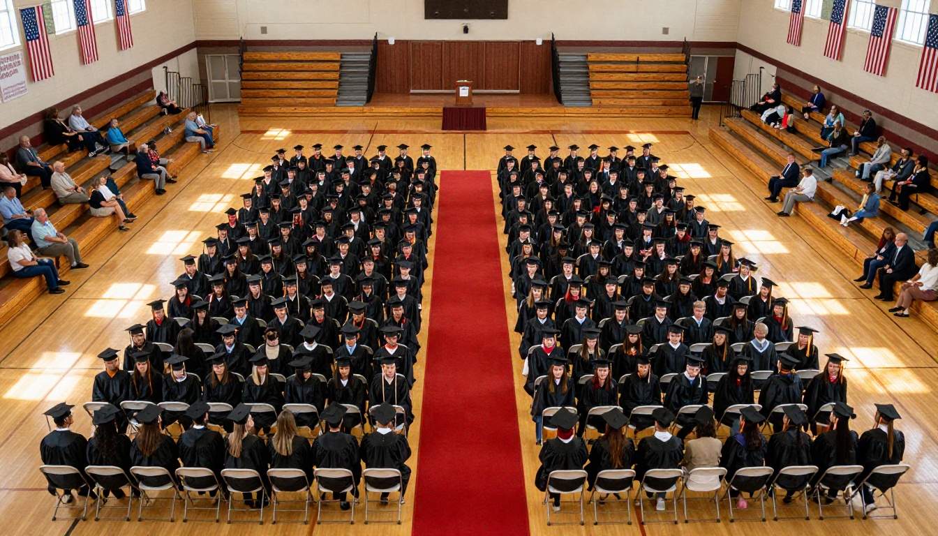 Aerial overhead view of a school graduation ceremony in the gymnasium with students in caps and gowns Aerial overhead view of a school graduation ceremony in the gymnasium with students in caps and gowns
