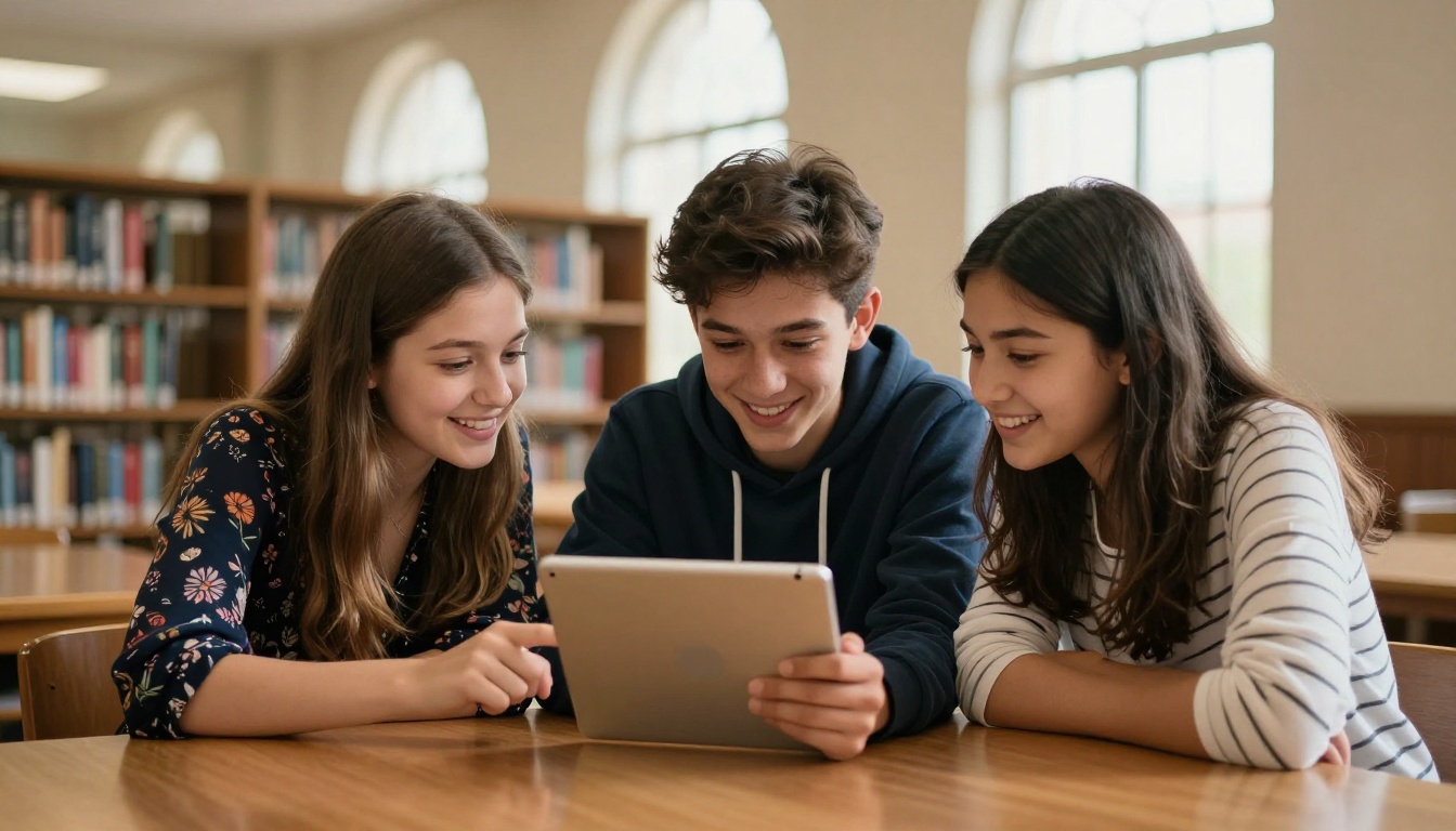 Three students sharing a digital yearbook on a tablet in the school library Three students sharing a digital yearbook on a tablet in the school library
