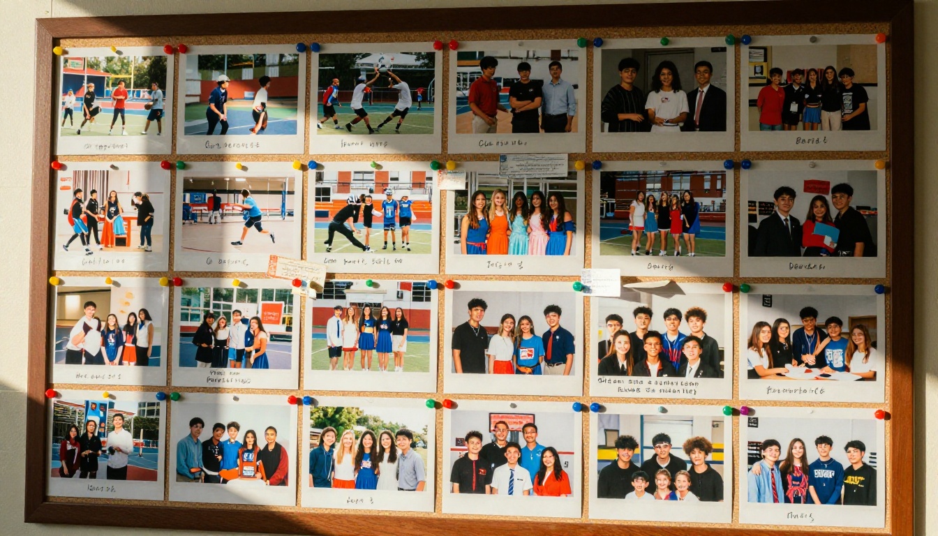 A school bulletin board packed with student event photos, sports snapshots, and yearbook portraits A school bulletin board packed with student event photos, sports snapshots, and yearbook portraits