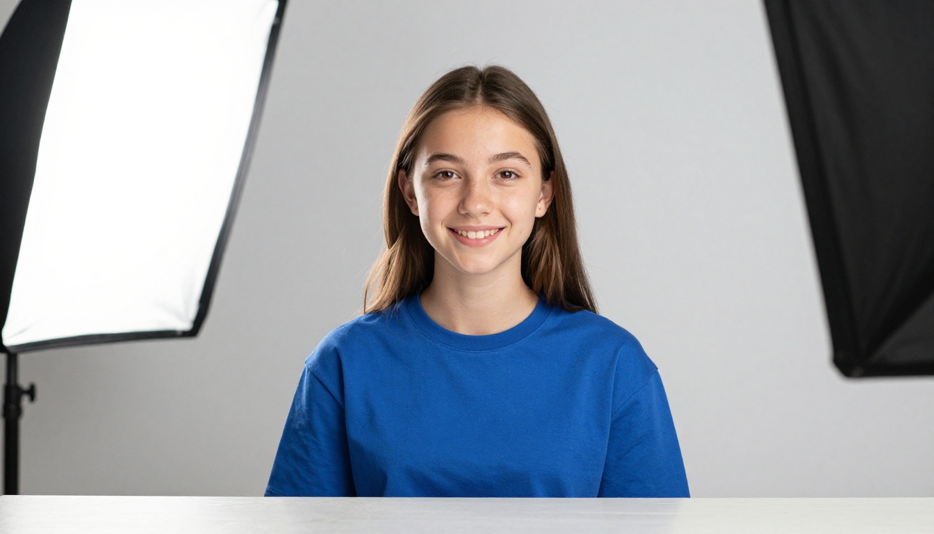 A teenage girl during a professional yearbook portrait session with studio softbox lighting A teenage girl during a professional yearbook portrait session with studio softbox lighting