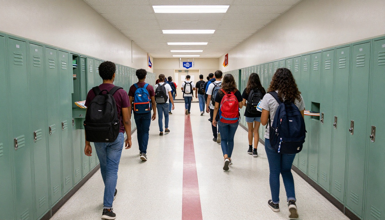 Aerial overhead view of a school hallway with students moving between classes past rows of lockers Aerial overhead view of a school hallway with students moving between classes past rows of lockers
