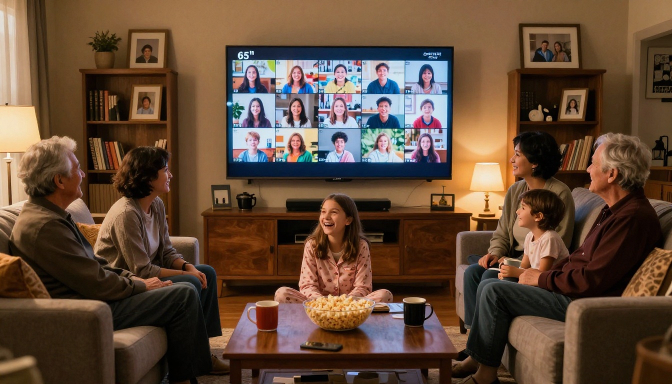 A multigenerational family gathered on the living room sofa watching a digital yearbook slideshow on TV A multigenerational family gathered on the living room sofa watching a digital yearbook slideshow on TV