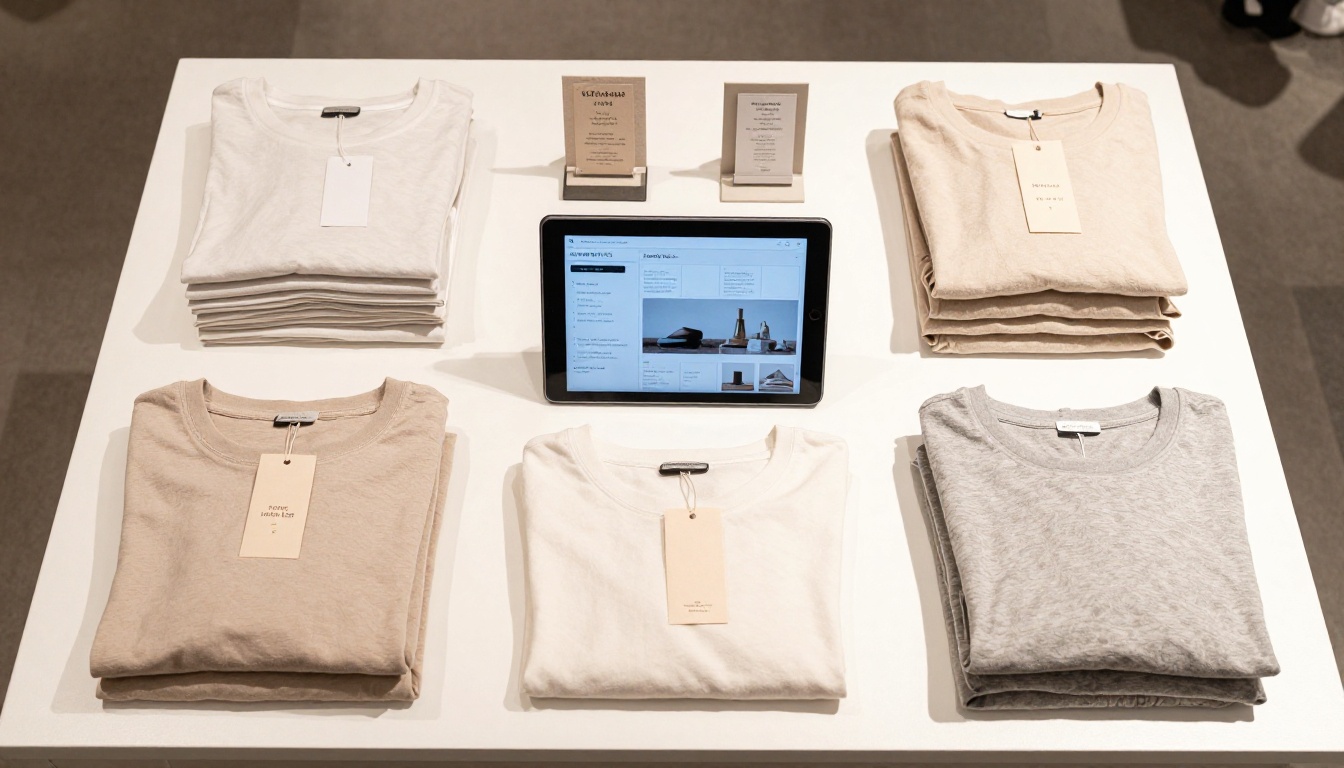 Aerial flat-lay of a boutique store display table with a digital catalog on a tablet Aerial flat-lay of a boutique store display table with a digital catalog on a tablet