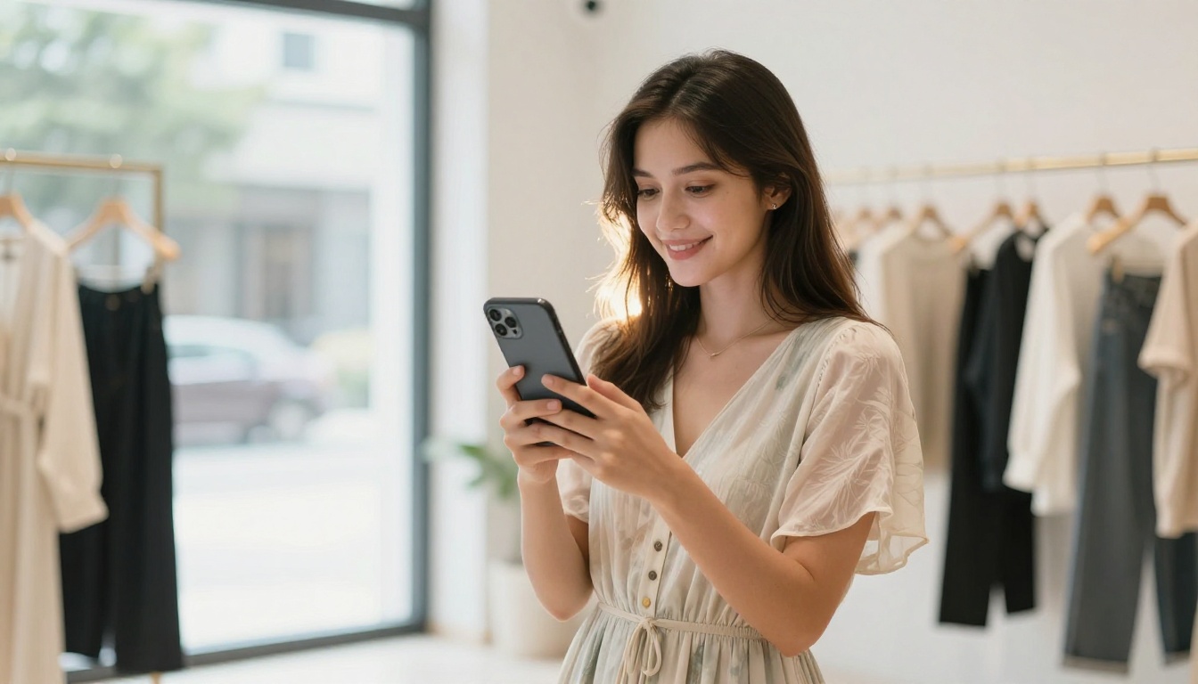 Stylish woman browsing a digital fashion lookbook on her phone in a boutique Stylish woman browsing a digital fashion lookbook on her phone in a boutique