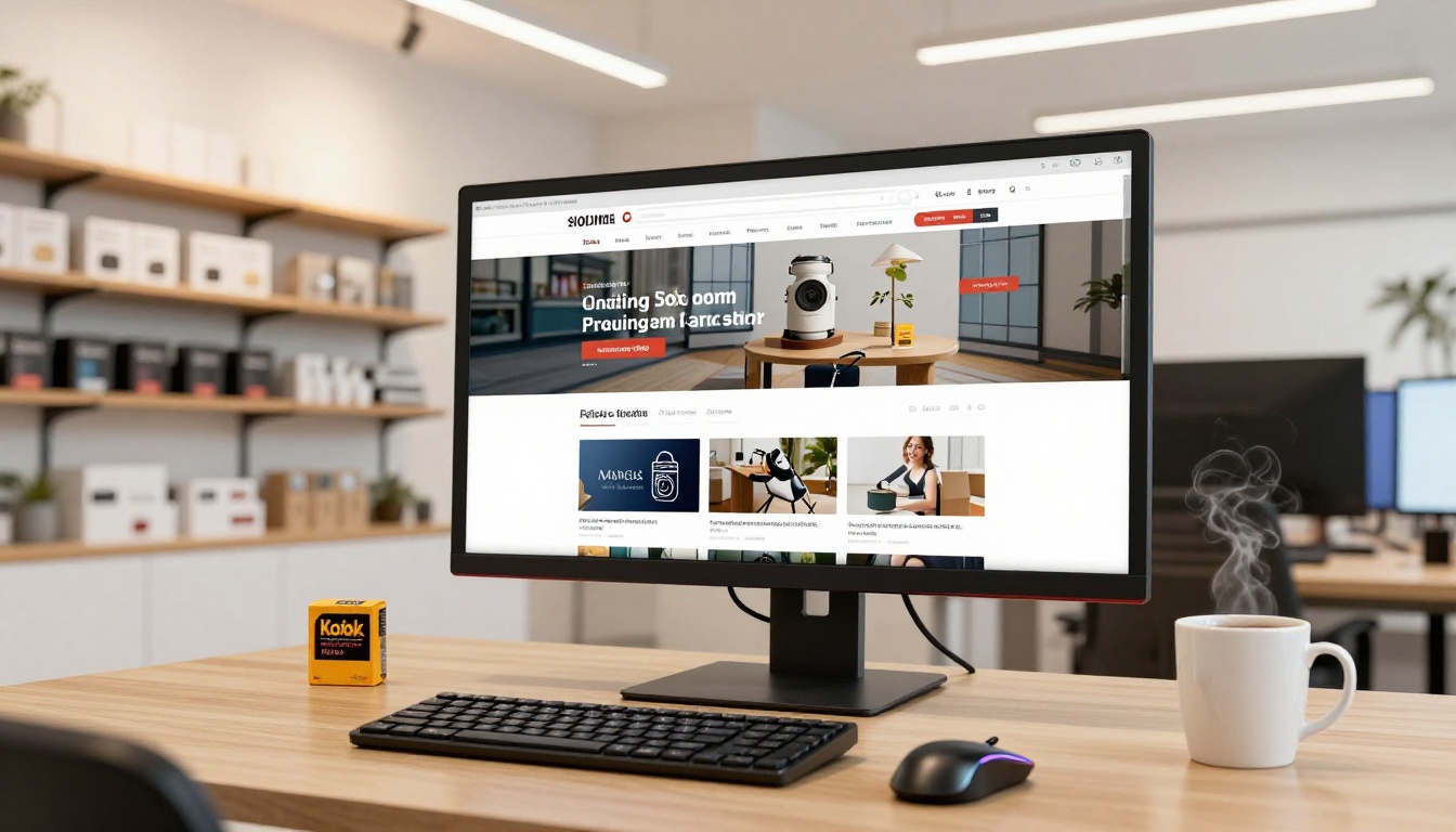 E-commerce workspace with embedded flipbook visible in a browser on a large monitor E-commerce workspace with embedded flipbook visible in a browser on a large monitor