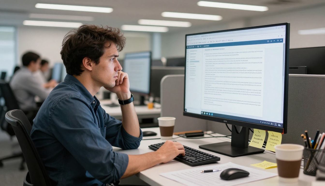 Business analyst looking frustrated at a dense PDF annual report on a desktop monitor in a modern office Business analyst looking frustrated at a dense PDF annual report on a desktop monitor in a modern office
