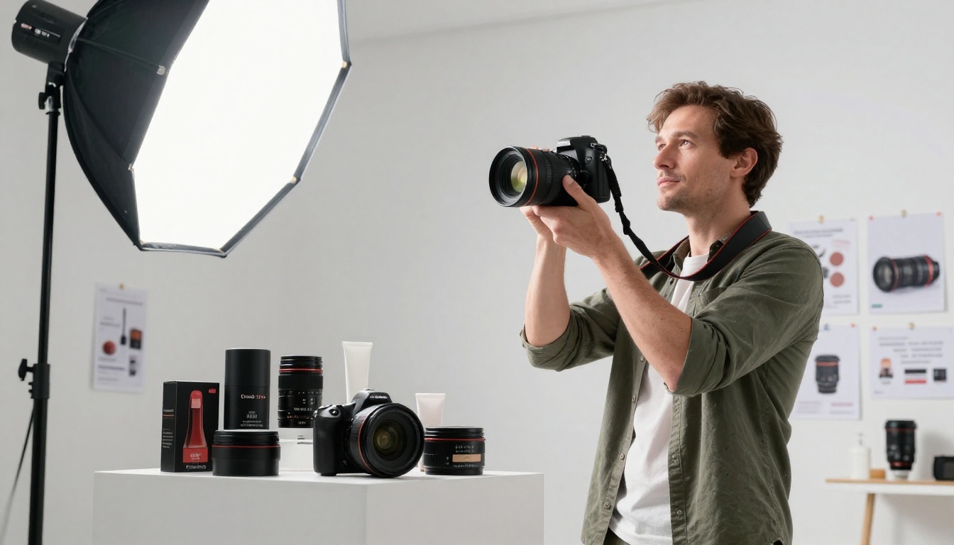 Low-angle shot of a product photographer in studio shooting cosmetics for a catalog Low-angle shot of a product photographer in studio shooting cosmetics for a catalog