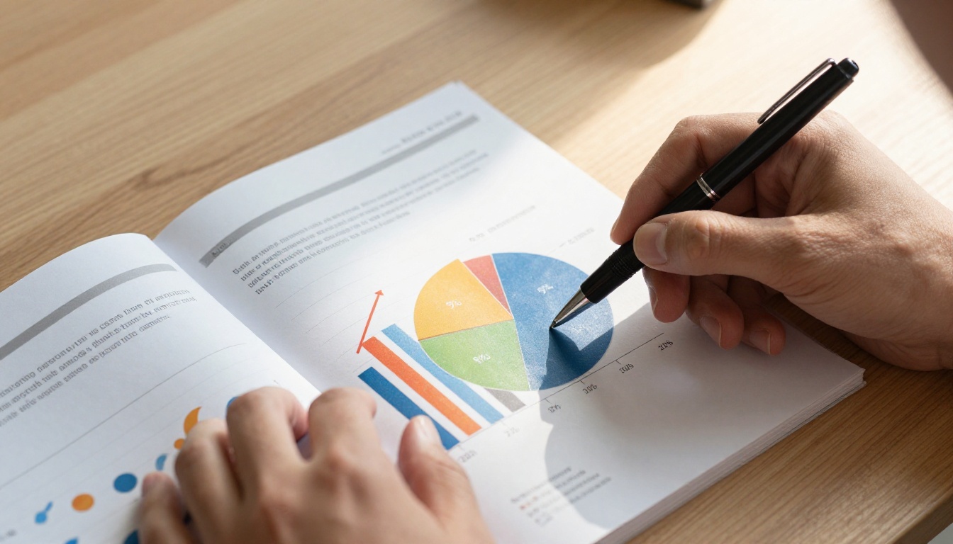 Close-up of hands pointing at vivid bar charts and pie charts in a printed annual report on an oak desk Close-up of hands pointing at vivid bar charts and pie charts in a printed annual report on an oak desk