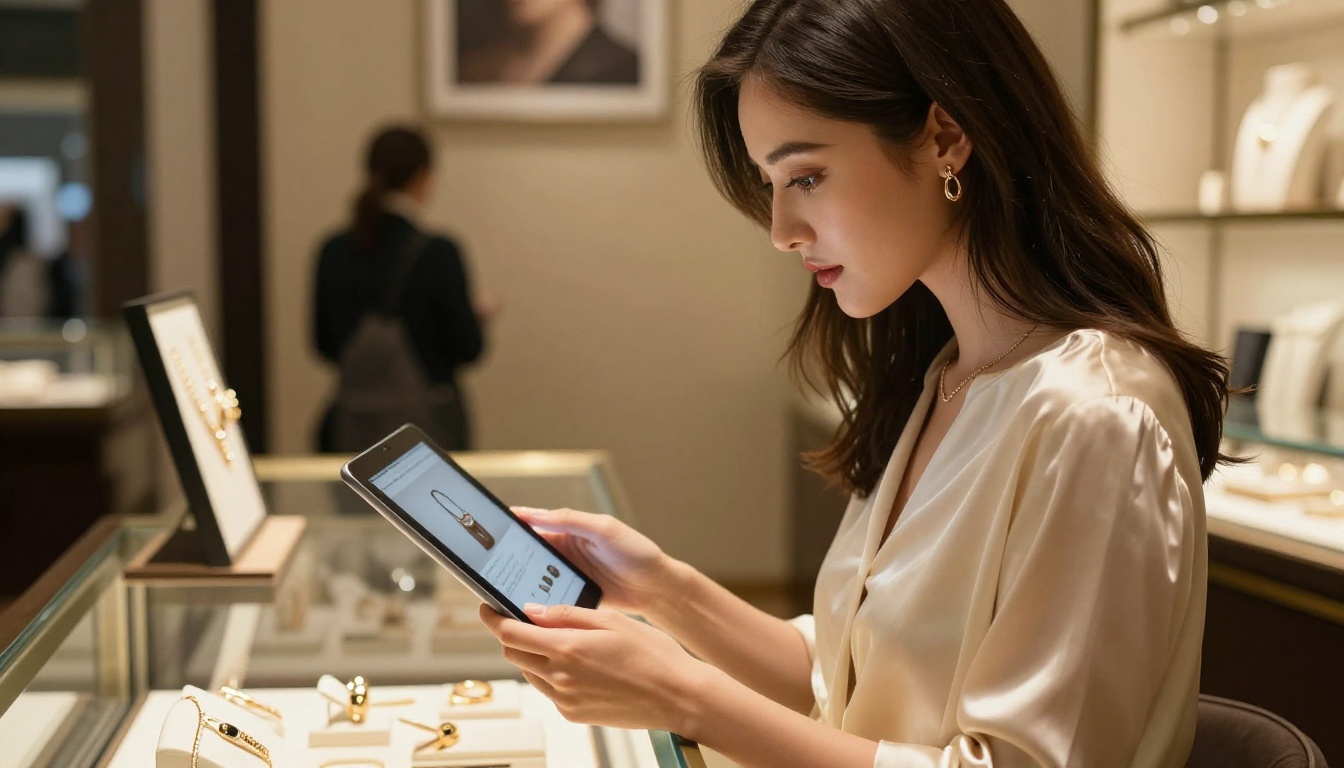 Woman in a high-end retail store examining jewelry while holding a tablet with a digital catalog Woman in a high-end retail store examining jewelry while holding a tablet with a digital catalog