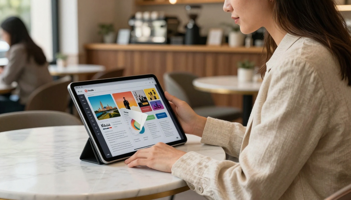 Professional woman holding a tablet displaying an interactive digital flipbook at a minimalist café Professional woman holding a tablet displaying an interactive digital flipbook at a minimalist café