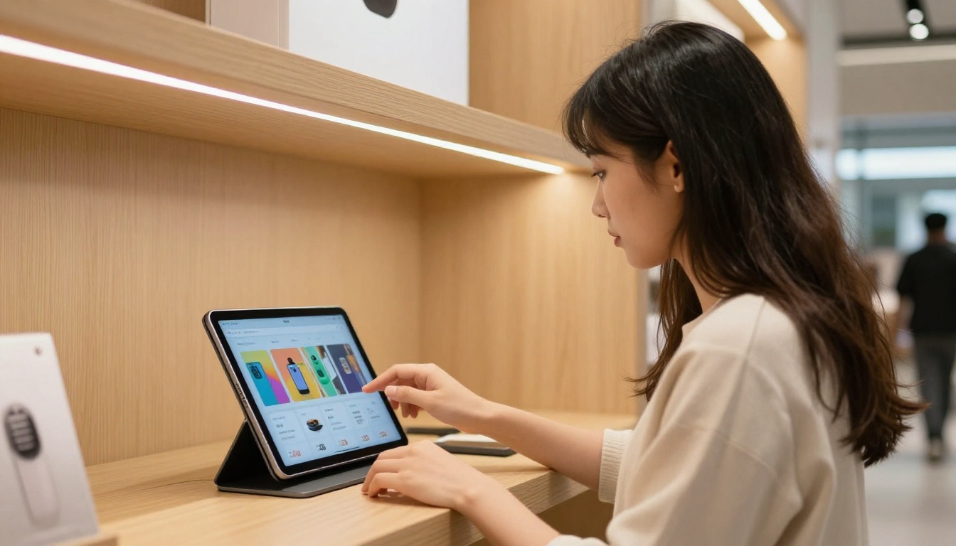 Retail store employee setting up a tablet stand with an interactive digital catalog Retail store employee setting up a tablet stand with an interactive digital catalog