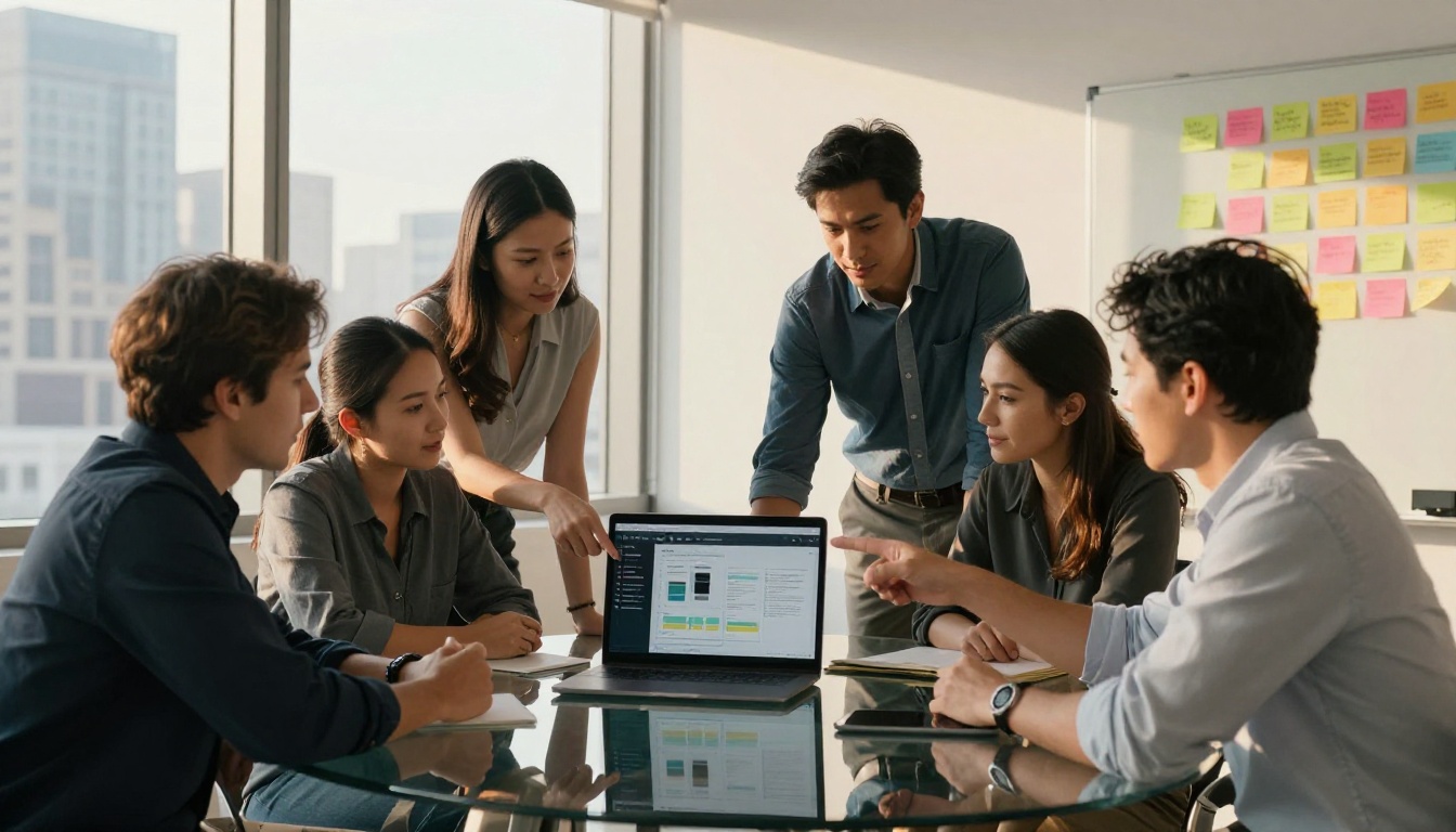 Diverse professional team collaborating over a digital company report on a shared laptop Diverse professional team collaborating over a digital company report on a shared laptop