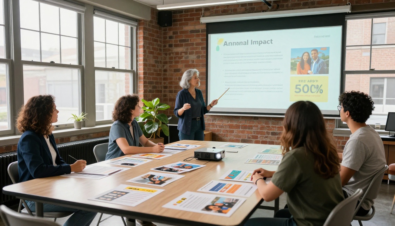 Nonprofit team presenting a colorful impact report on a projected screen in a brick-wall meeting room Nonprofit team presenting a colorful impact report on a projected screen in a brick-wall meeting room