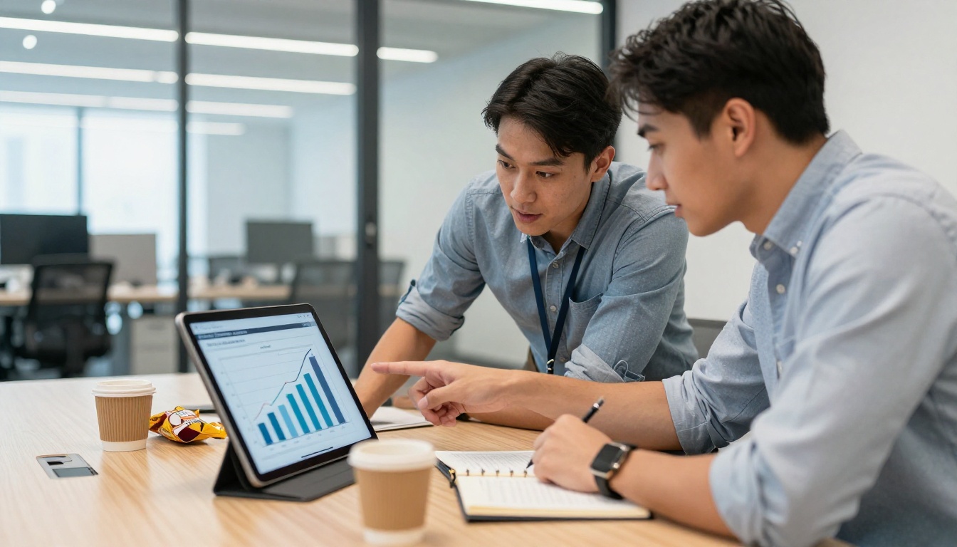 Sales team reviewing a quarterly performance flipbook on a large tablet in an open office Sales team reviewing a quarterly performance flipbook on a large tablet in an open office
