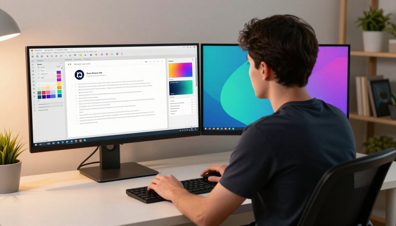Graphic designer customizing brand colors and layout settings for a digital annual report on dual monitors Graphic designer customizing brand colors and layout settings for a digital annual report on dual monitors