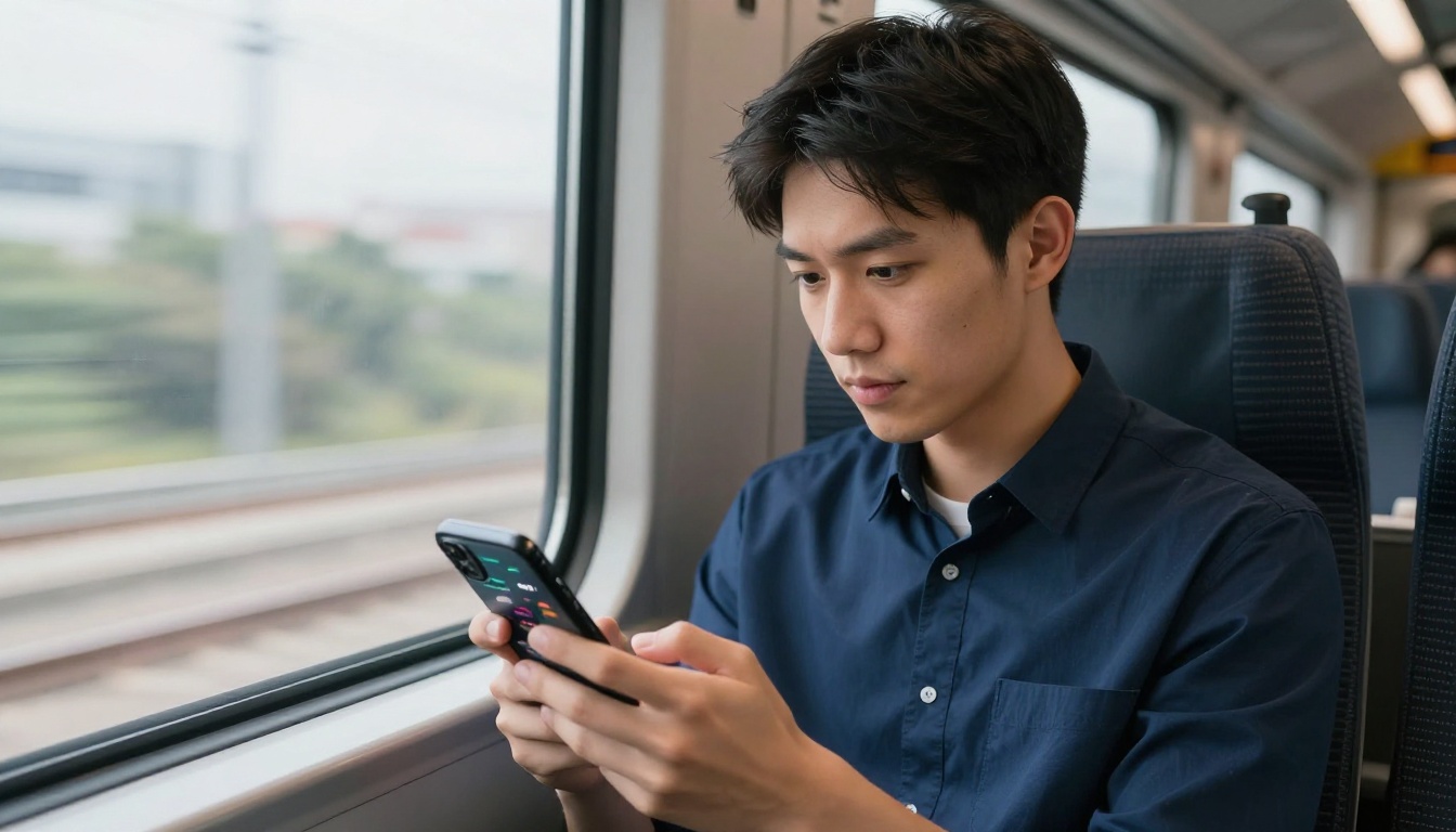 Young professional reading a company annual report on his smartphone during a commuter train journey Young professional reading a company annual report on his smartphone during a commuter train journey