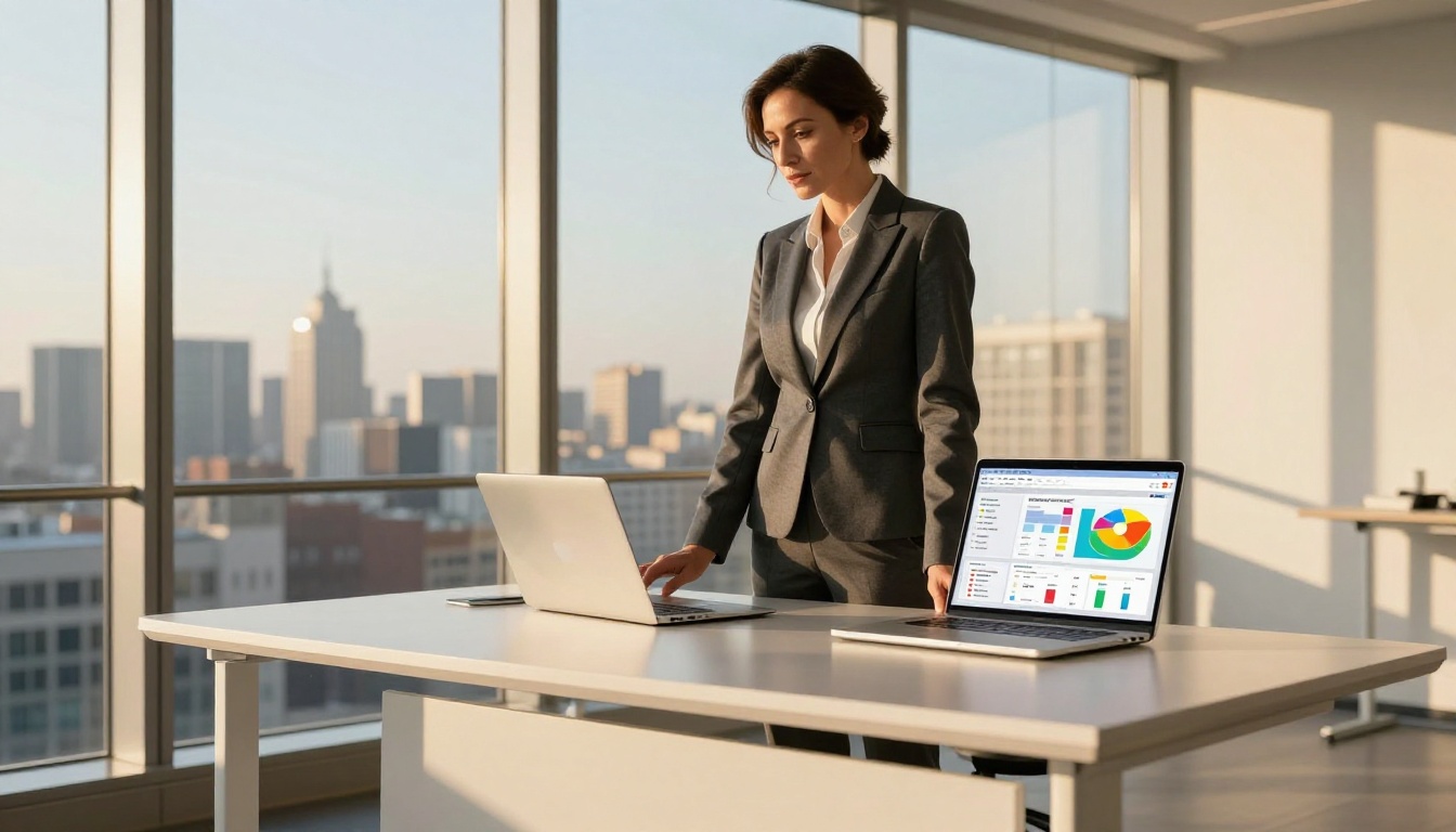 Executive woman reviewing flipbook analytics on a laptop beside a panoramic city skyline window Executive woman reviewing flipbook analytics on a laptop beside a panoramic city skyline window