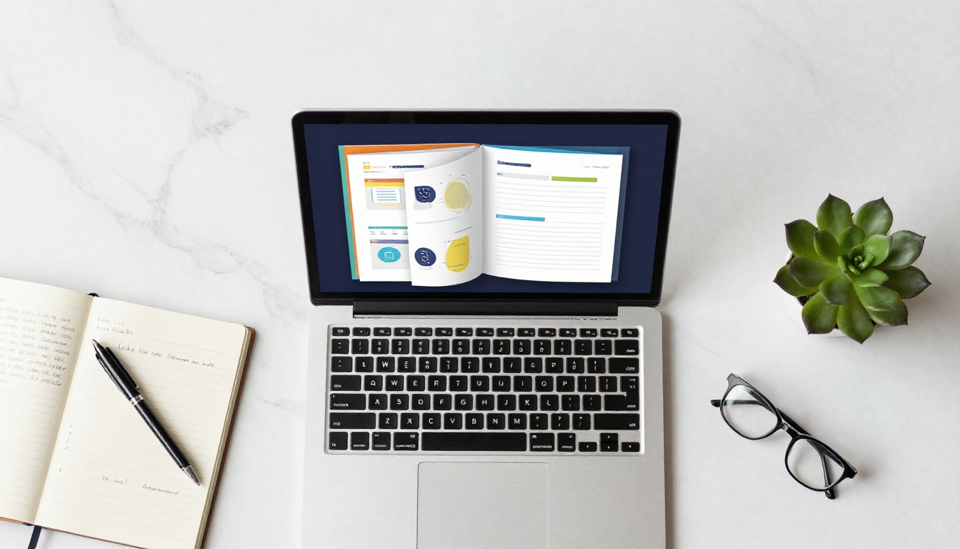 Overhead workspace with laptop and flipbook