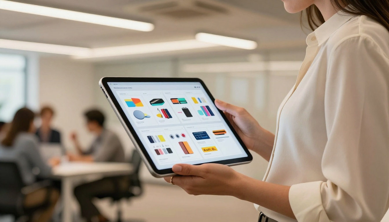 Businesswoman presenting catalog flipbook on tablet