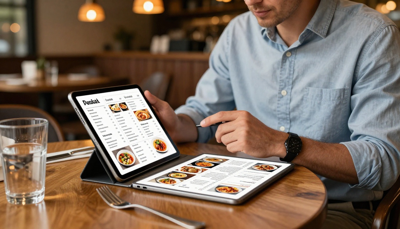 Restaurant owner reviewing digital menu flipbook on iPad