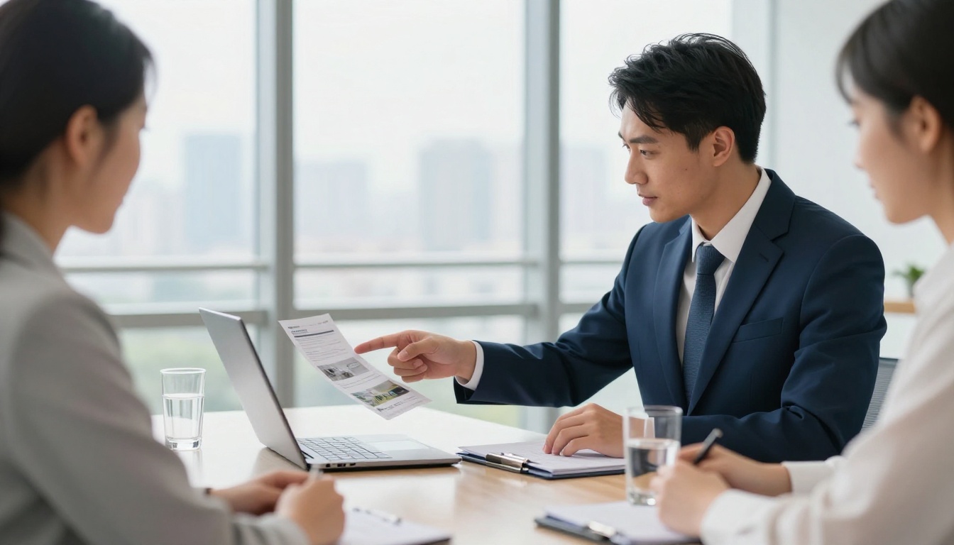 Real estate agent presenting property brochure flipbook on laptop