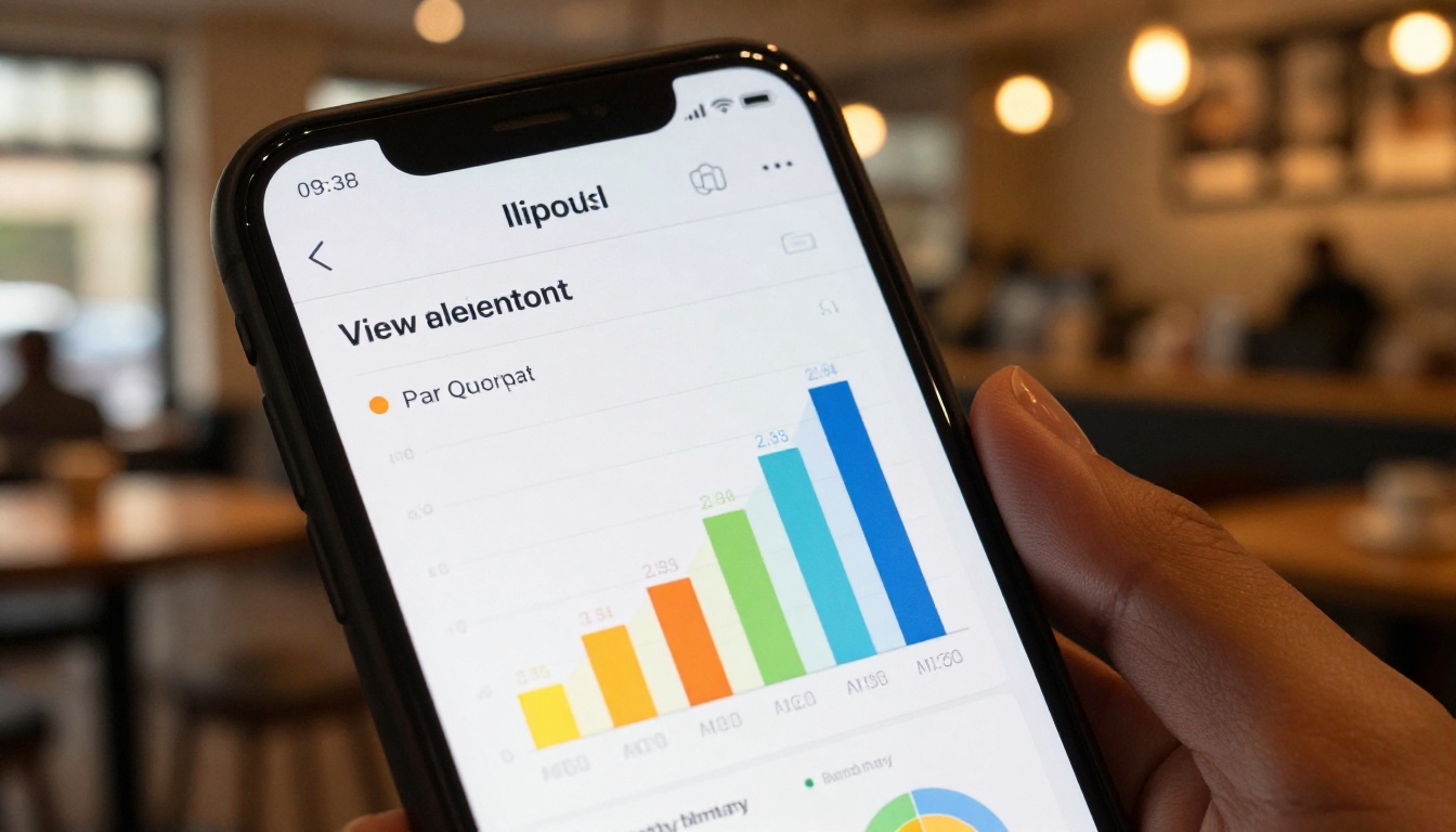 Analytics dashboard on smartphone in cafe setting