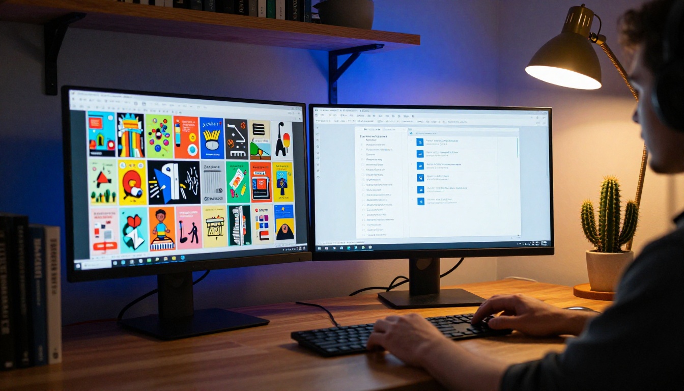 Dual monitor creative workstation with flipbook on display