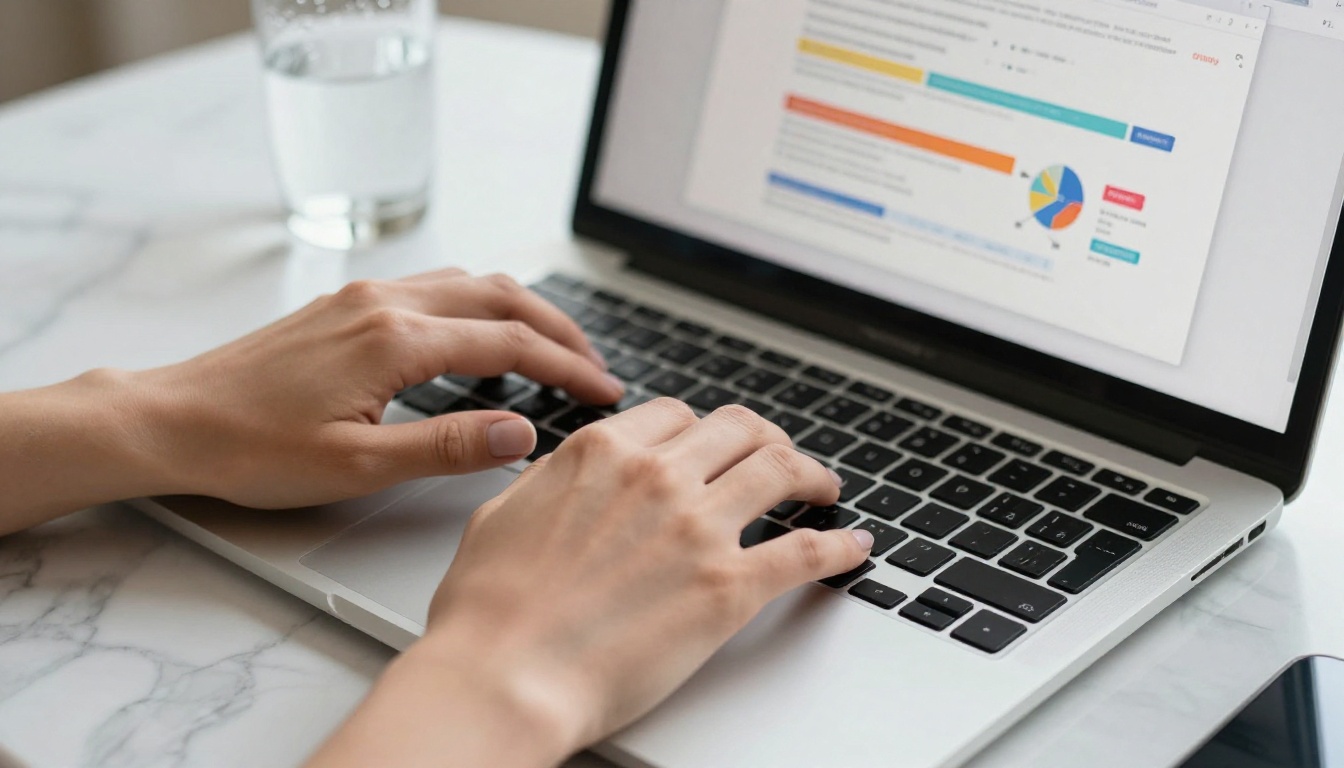 Hands typing on keyboard with professionally formatted PDF document on screen