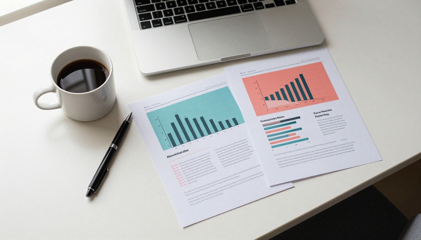 Aerial overhead flat lay of a clean desk with professionally designed PDF documents spread out