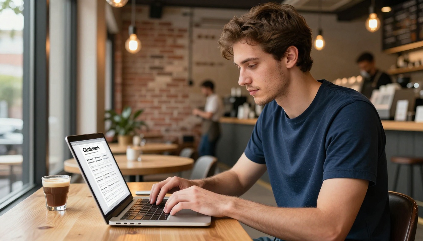 Young man working on a PDF design project on his laptop in a sunlit coffee shop