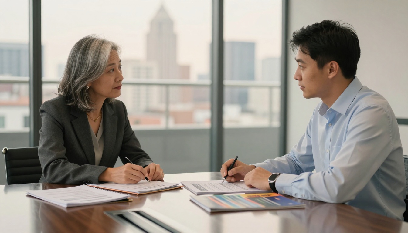 Business professionals reviewing printed PDF annual reports at a glass conference table