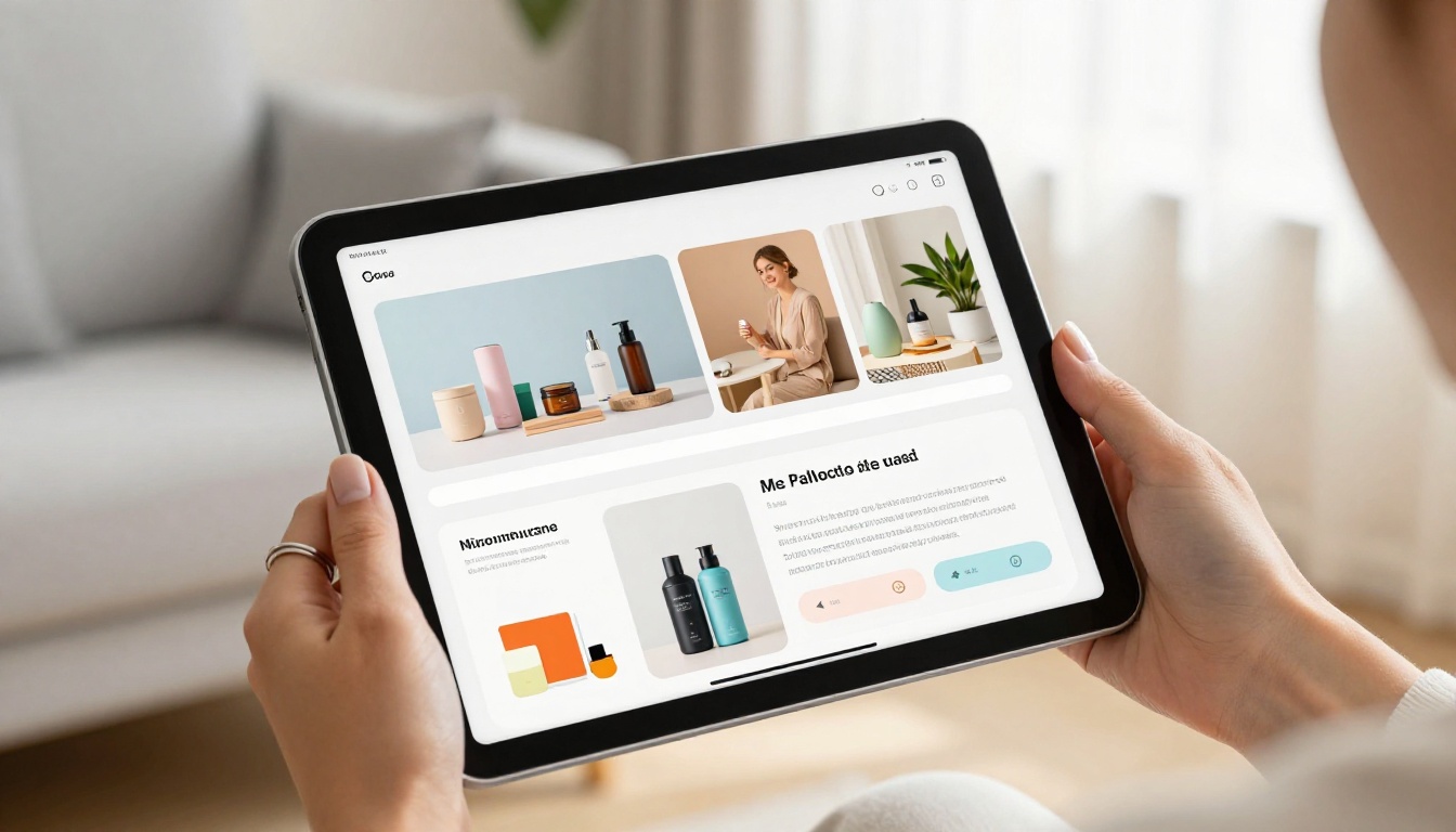 Woman holding iPad displaying a colorful interactive digital flipbook mid-page-turn