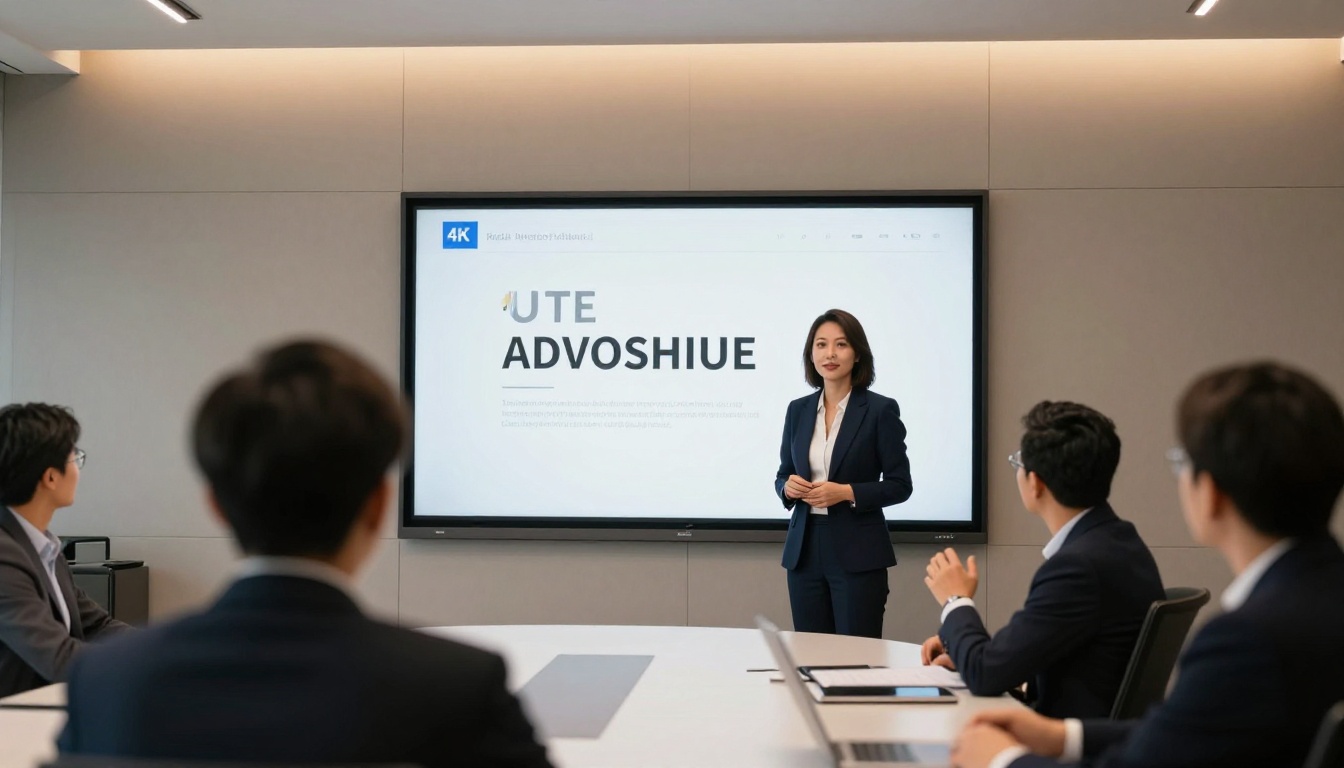 Confident woman presenter standing beside a large screen showing a professional PDF presentation