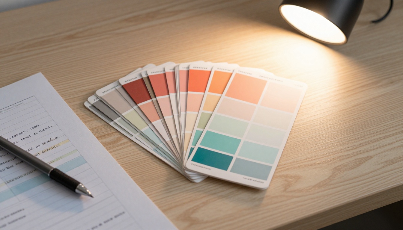 Designer workspace with color swatches, Pantone fan deck, and annotated PDF document page