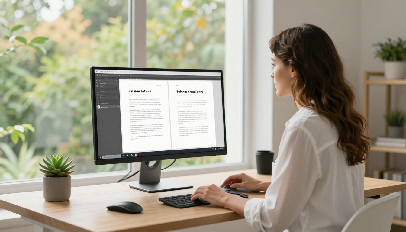 Woman at a standing desk comparing a plain PDF with a professionally redesigned version on a wide monitor