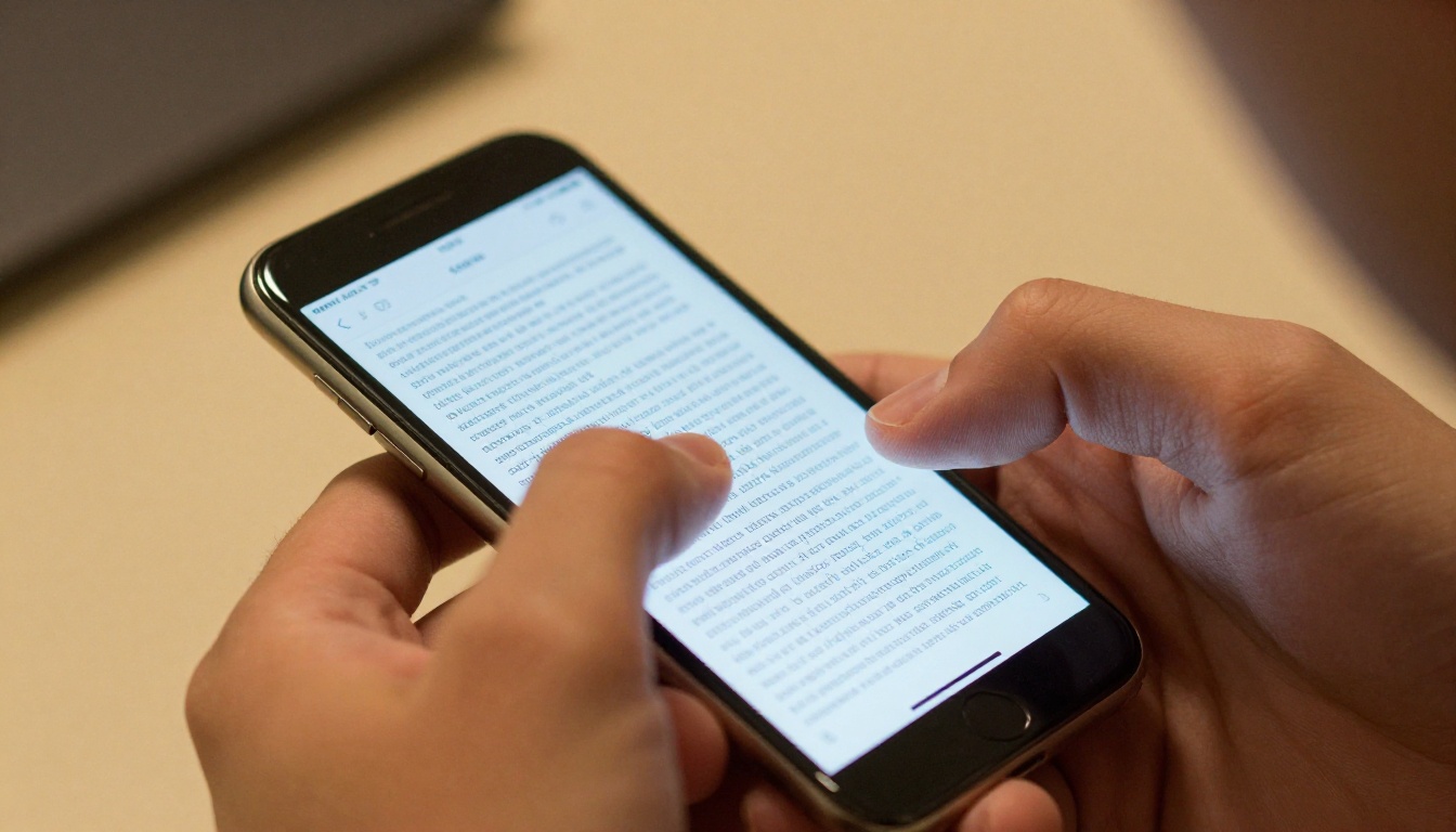 User pinching and zooming an unreadable dense PDF on a smartphone screen