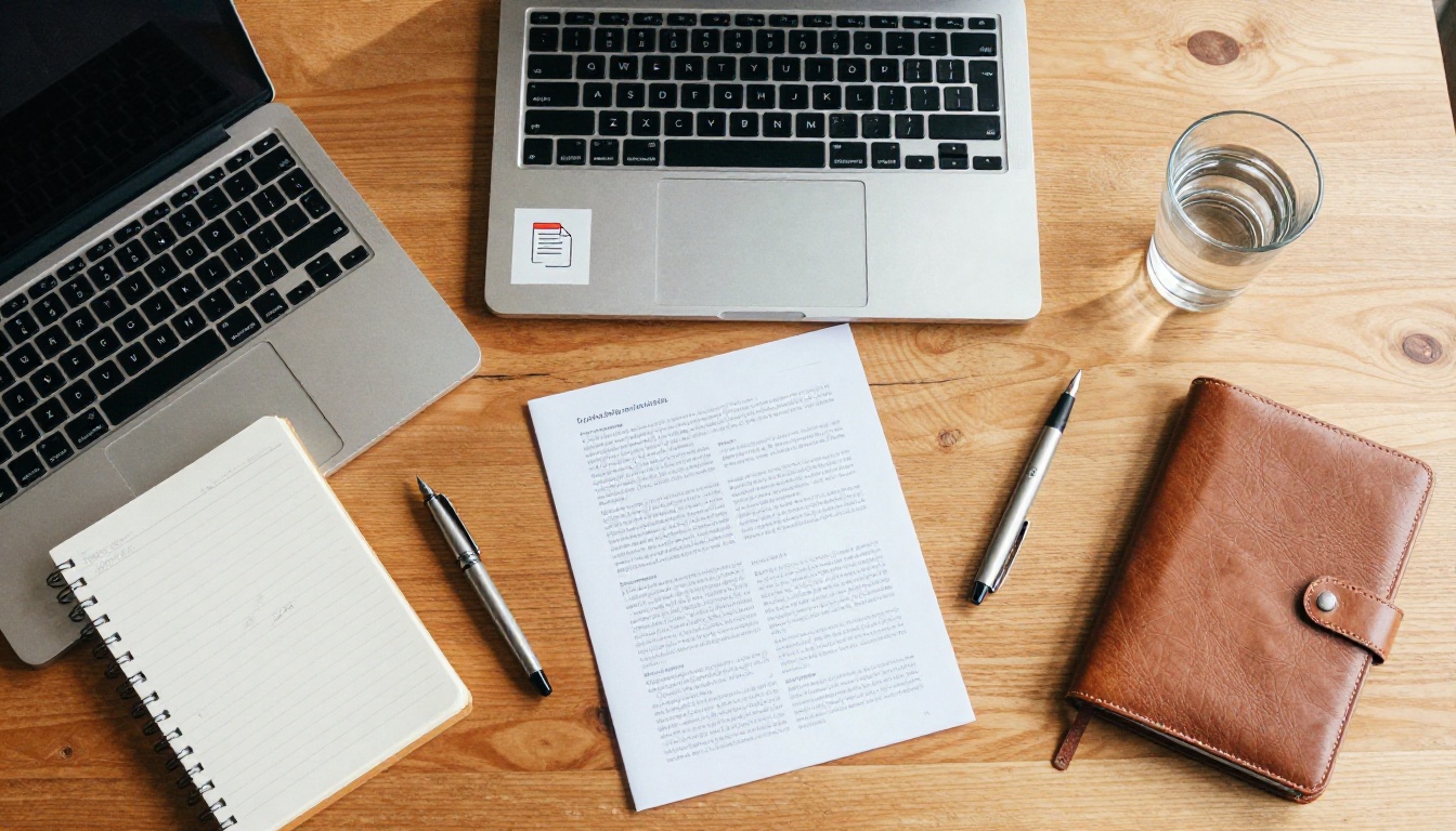 Email with PDF attachment laid out on a warm wooden desk surface
