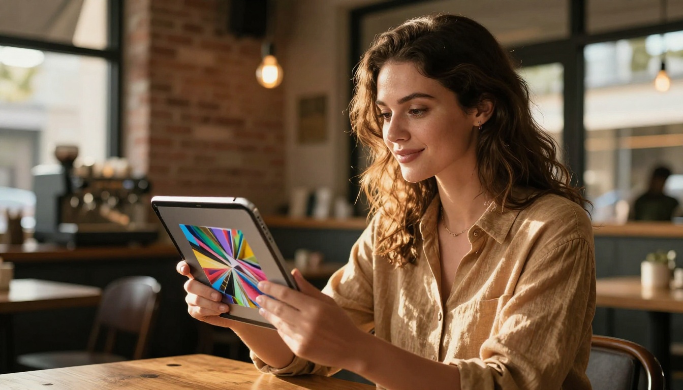 Woman delightedly browsing a vibrant interactive flipbook on a tablet in a sunlit cafe