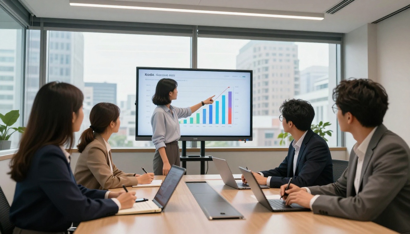 Diverse marketing team reviewing content performance data on a large screen in a conference room