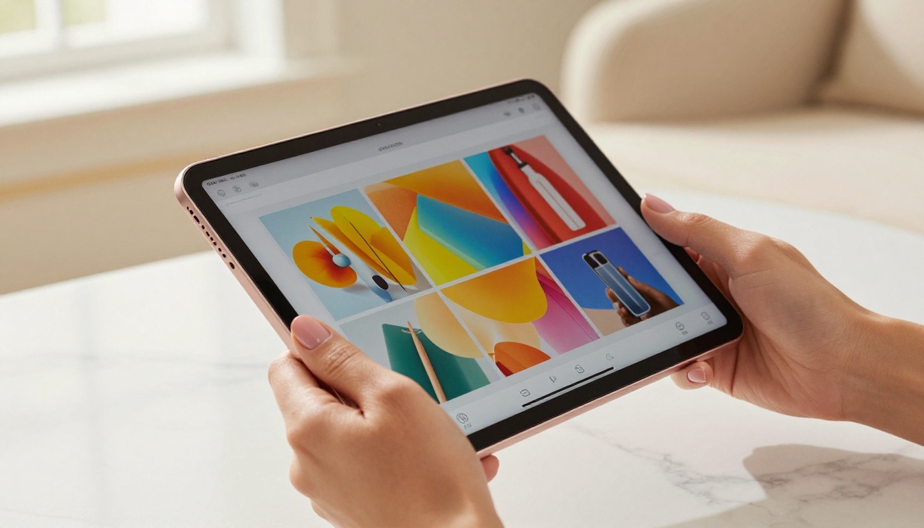 Elegant hands holding a rose-gold iPad displaying a vibrant colorful product catalog flipbook